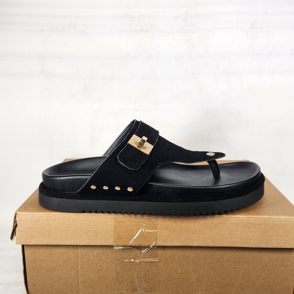 Steve Madden Thona Sandals Women Size 8.5 Black Suede Platform Thong Buckle Stud